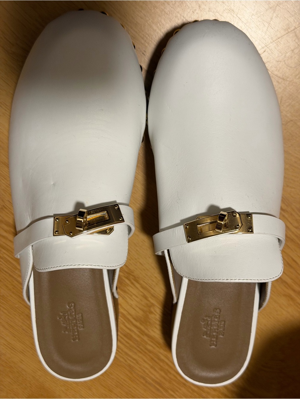 Hermes White clog Mules with Gold Buckle